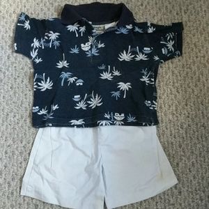 3T tropical set: Palm tree polo & white shorts